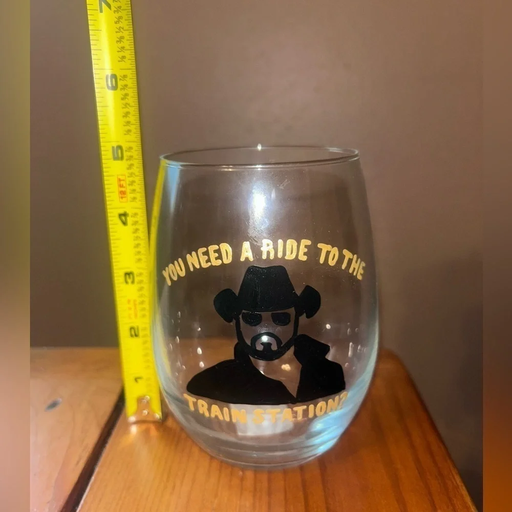 20 oz Stemless wine glass Rip Wheeler Train Station NEW hand painted